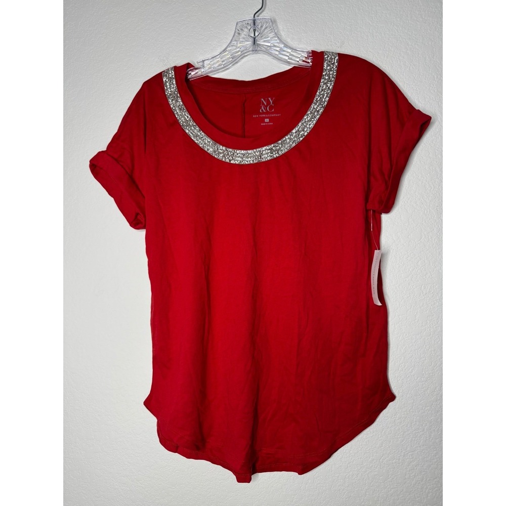 New York & Company Red Rhinestone Embellished Scoop Neck Cotton Top XS NWT‎